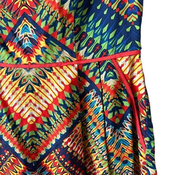 Ellen Tracy colorful a-line sleeveless dress boho print pockets keyhole back - Picture 4 of 16